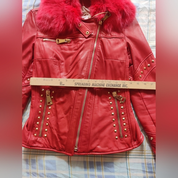 Flo Clo red leather fur studded jacket size 42 - Picture 5 of 12